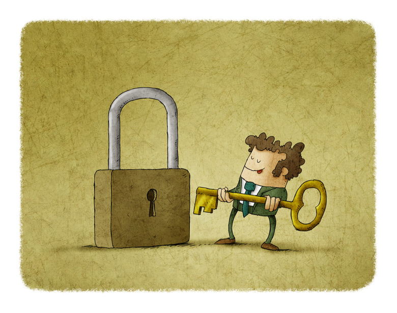 Business man in front of a huge padlock tries to insert a key